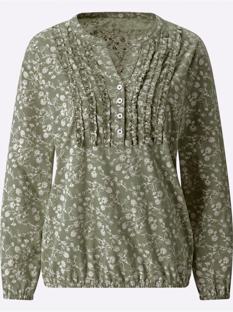 T-shirt à Manches Longues Volants Au Col - Taille Standard - Moda Vilona Blanc Vert - Kiabi