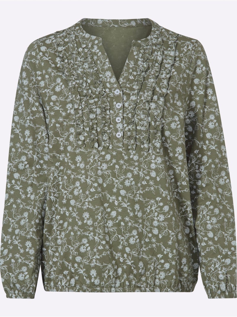 T-shirt à Manches Longues Volants Au Col - Taille Standard - Moda Vilona Blanc Vert - Kiabi