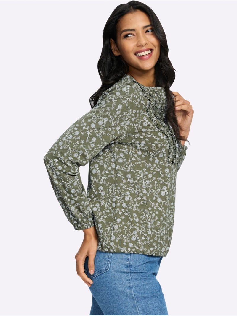 T-shirt à Manches Longues Volants Au Col - Taille Standard - Moda Vilona Blanc Vert - Kiabi