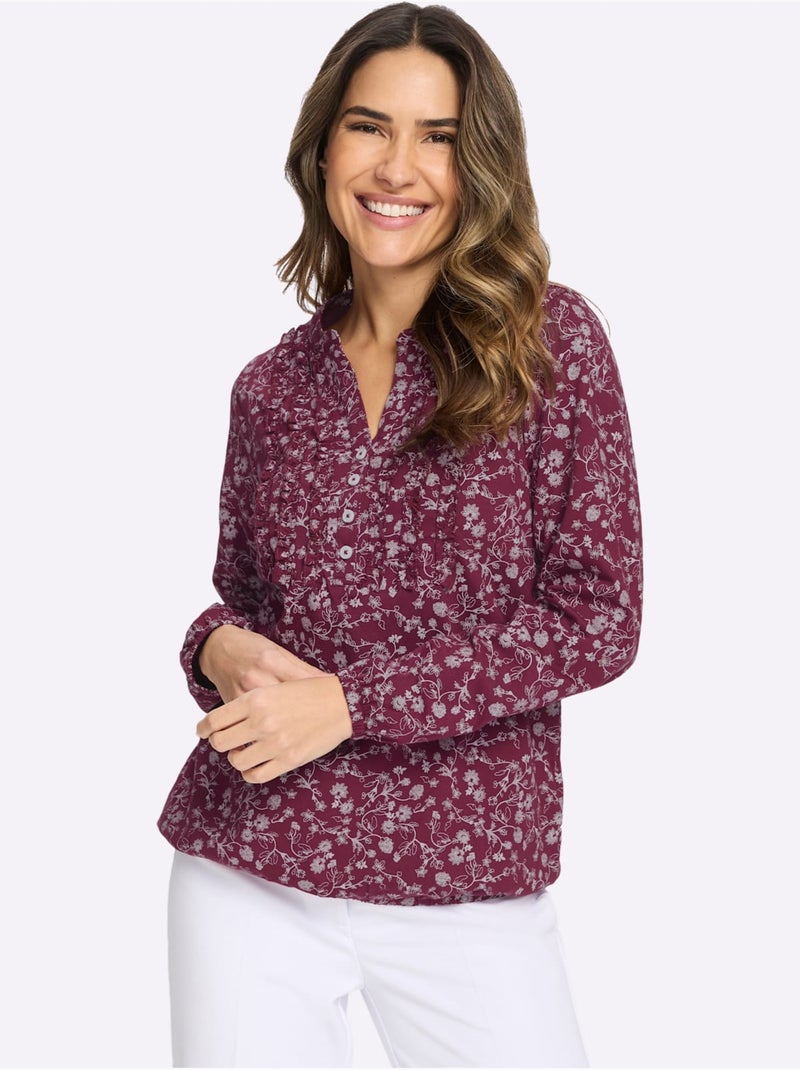 T-shirt à Manches Longues Volants Au Col - Taille Standard - Moda Vilona Bordeaux - Kiabi