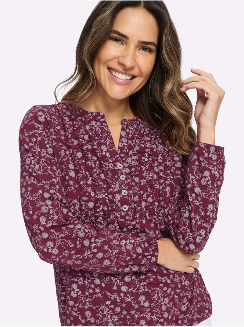 T-shirt à Manches Longues Volants Au Col - Taille Standard - Moda Vilona Bordeaux - Kiabi