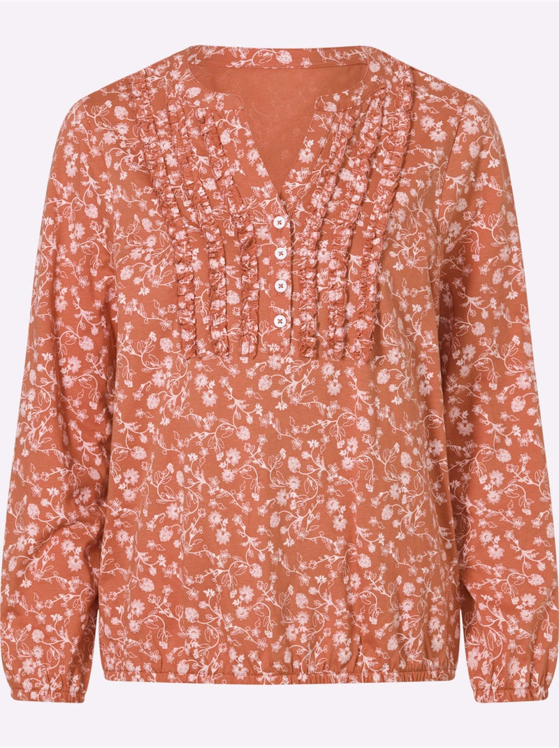 T-shirt à Manches Longues Volants Au Col - Taille Standard - Moda Vilona Écru/Orange - Kiabi