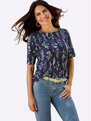 T-shirt à manches mi-longues avec encolure ronde et motif floral - Taille standard - Moda Vilona