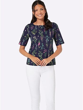 T-shirt à manches mi-longues avec encolure ronde et motif floral - Taille standard - Moda Vilona