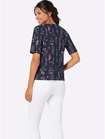 T-shirt à manches mi-longues avec encolure ronde et motif floral - Taille standard - Moda Vilona