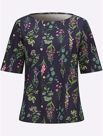 T-shirt à manches mi-longues avec encolure ronde et motif floral - Taille standard - Moda Vilona