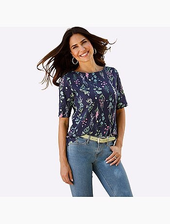 T-shirt à manches mi-longues avec encolure ronde et motif floral - Taille standard - Moda Vilona