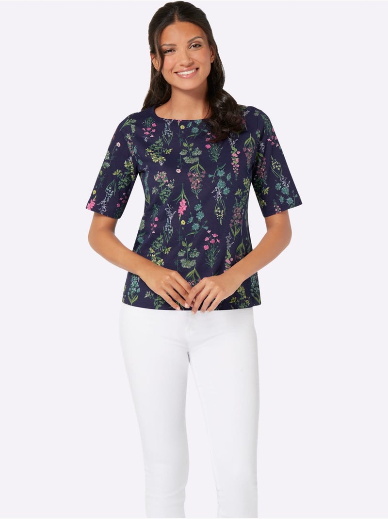 T-shirt à manches mi-longues avec encolure ronde et motif floral - Taille standard - Moda Vilona Bleu Rose - Kiabi