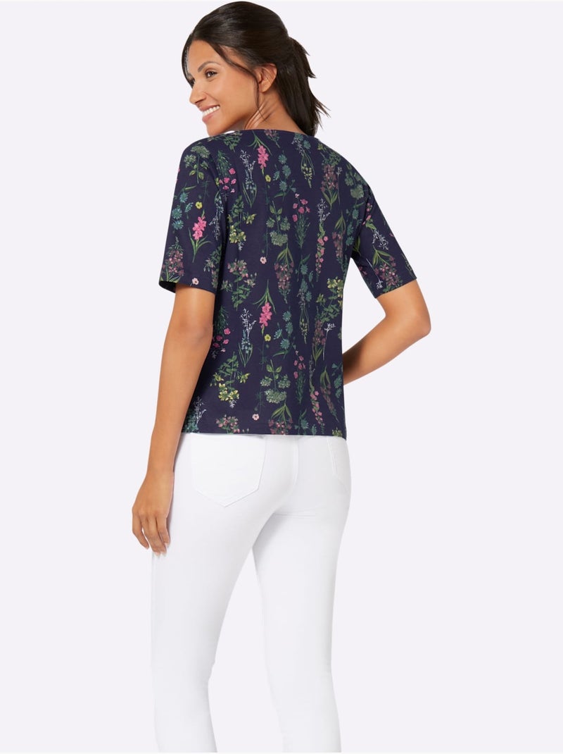 T-shirt à manches mi-longues avec encolure ronde et motif floral - Taille standard - Moda Vilona Bleu Rose - Kiabi