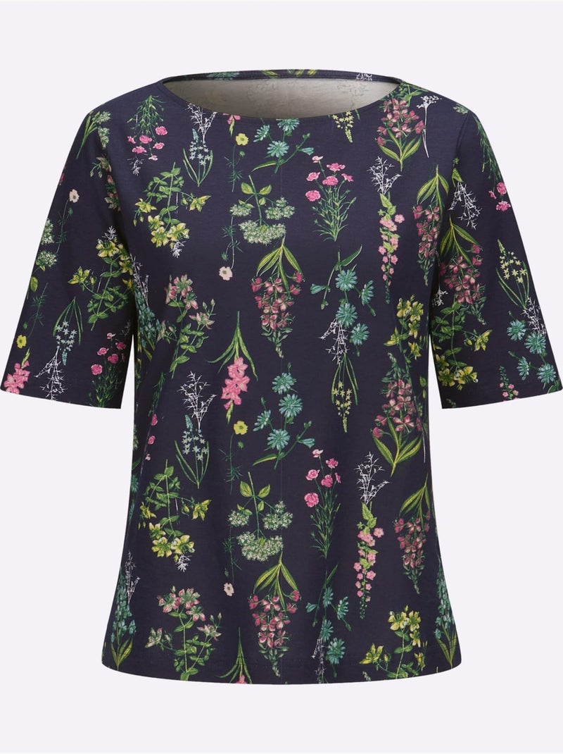 T-shirt à manches mi-longues avec encolure ronde et motif floral - Taille standard - Moda Vilona Bleu Rose - Kiabi