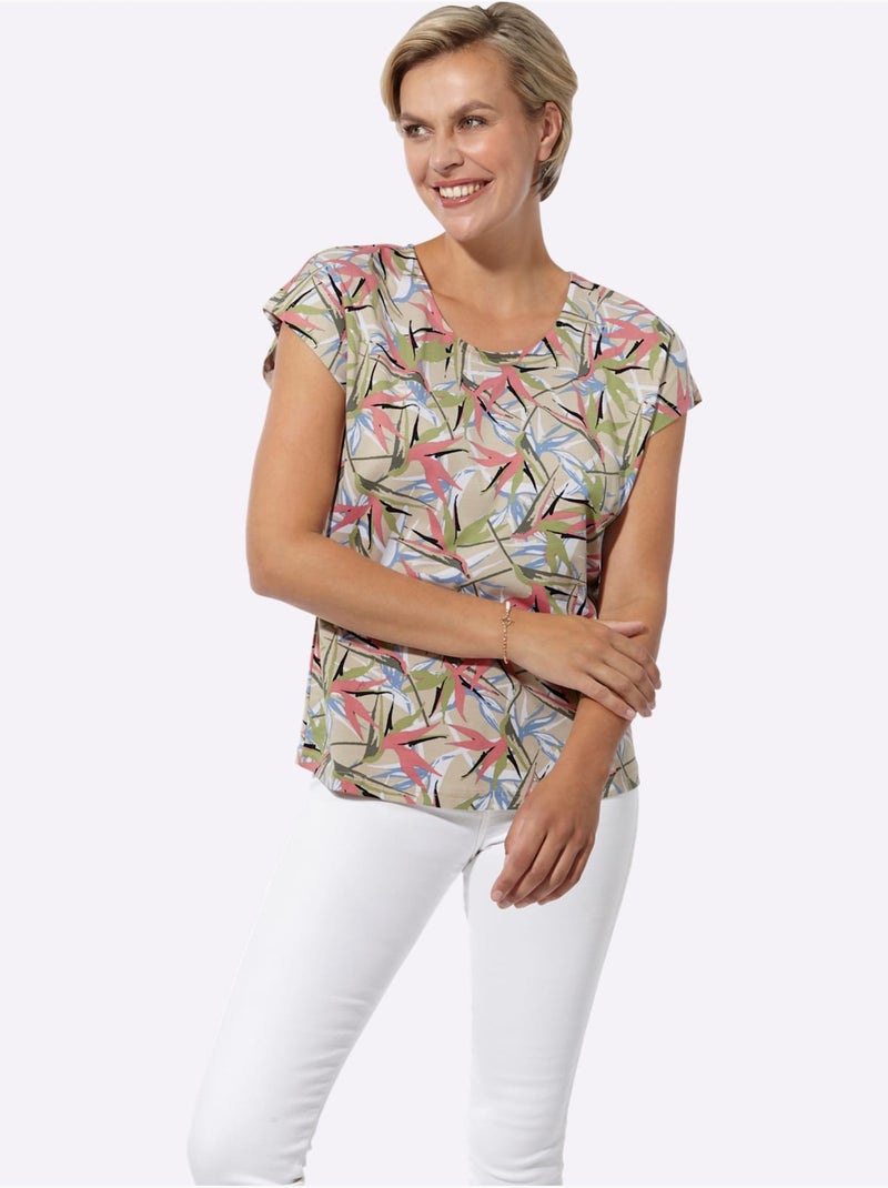 T-shirt à motif coloré avec encolure ronde et mancherons - Taille standard - Witt Sable - Kiabi