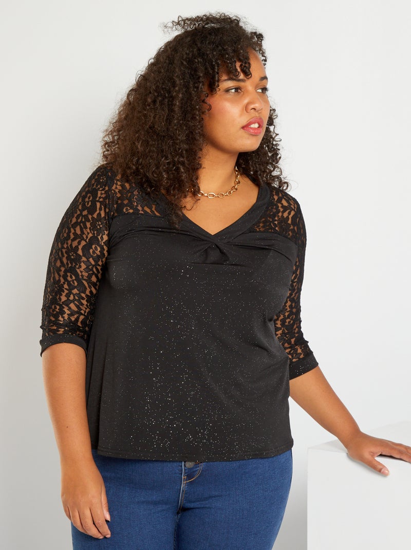T-shirt à paillettes avec dentelle noir - Kiabi