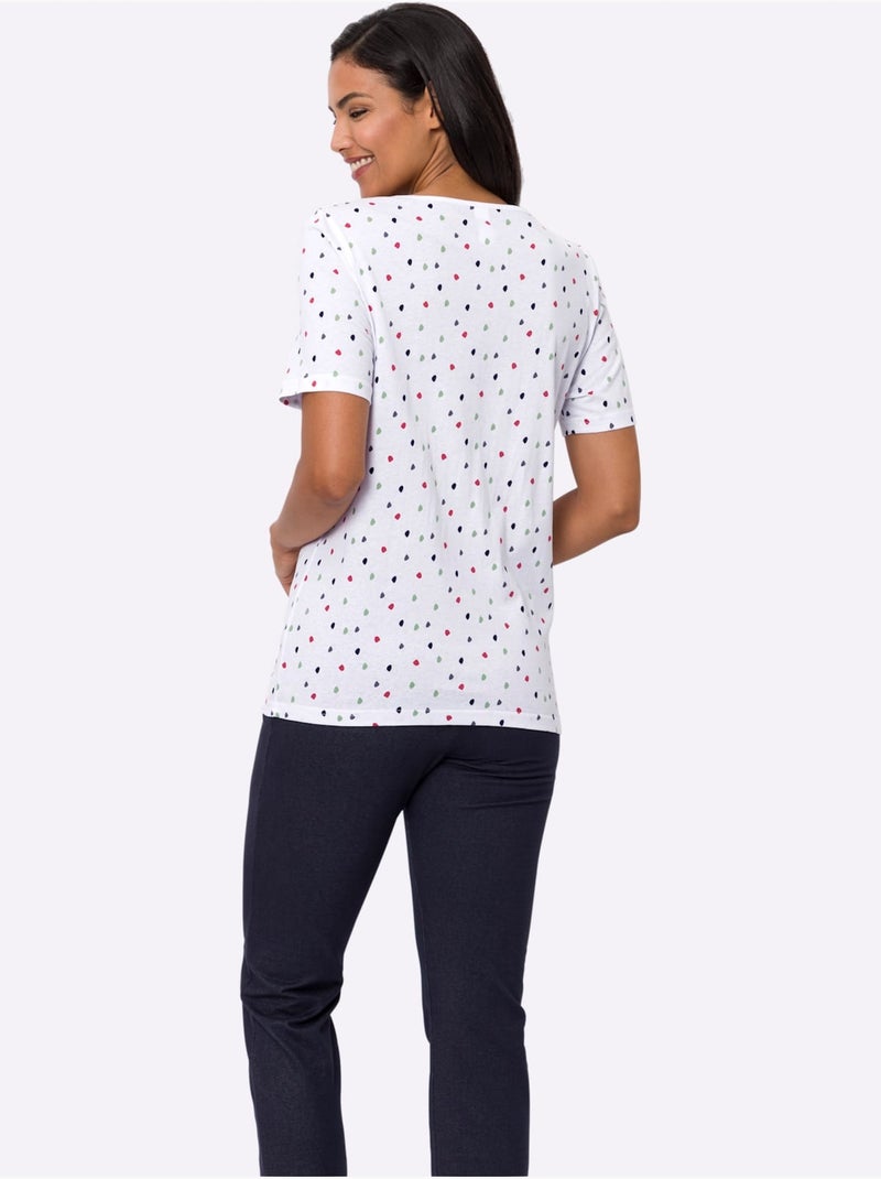 T-shirt à pois avec encolure ronde et manches courtes - Taille standard - Moda Vilona Blanc - Kiabi