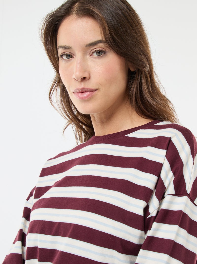 T-shirt à rayures manches longues - Bordeaux/marine - - 12.00