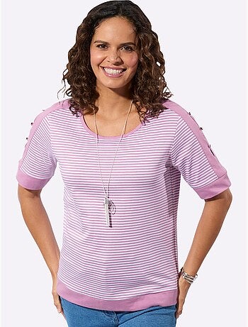 T-shirt rayé à encolure arrondie avec manches courtes ornées de boutons - Taille standard - Witt