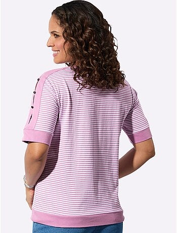 T-shirt rayé à encolure arrondie avec manches courtes ornées de boutons - Taille standard - Witt