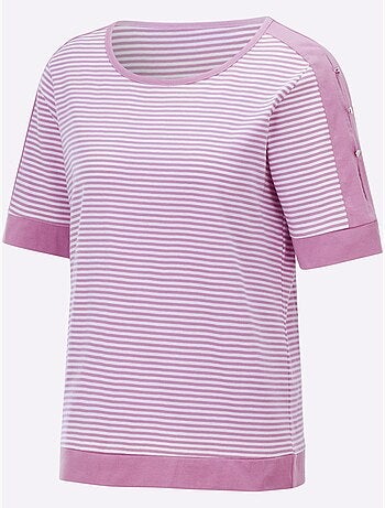 T-shirt rayé à encolure arrondie avec manches courtes ornées de boutons - Taille standard - Witt