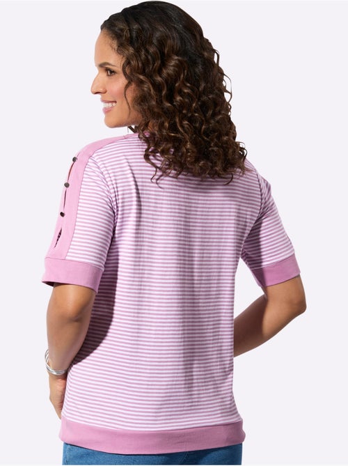 T-shirt à rayures avec col arrondi et manches courtes ornées - Taille standard - Witt - Kiabi T-shirt à rayures avec col arrondi et manches courtes ornées - Taille standard - Witt - Kiabi