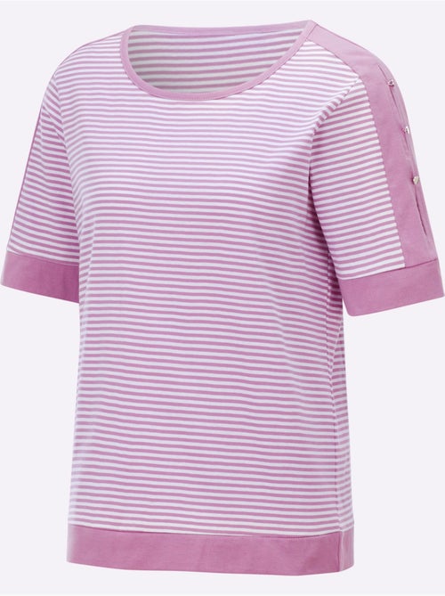 T-shirt à rayures avec col arrondi et manches courtes ornées - Taille standard - Witt - Kiabi T-shirt à rayures avec col arrondi et manches courtes ornées - Taille standard - Witt - Kiabi