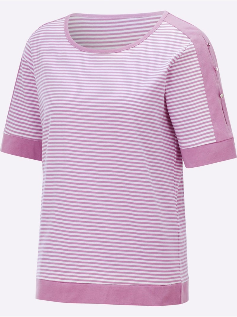 T-shirt à rayures avec col arrondi et manches courtes ornées - Taille standard - Witt Blanc Rose - Kiabi