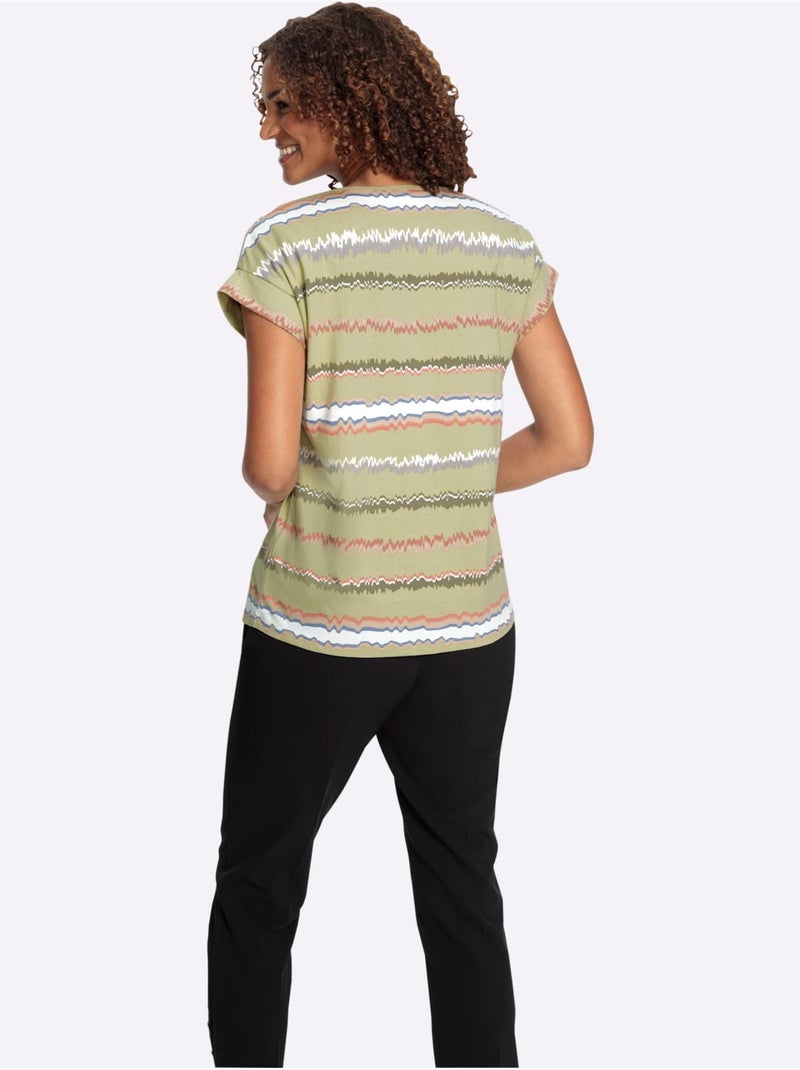 T-shirt à rayures avec col rond et mancherons décontractés - Taille standard - Witt Vert tilleul - Kiabi