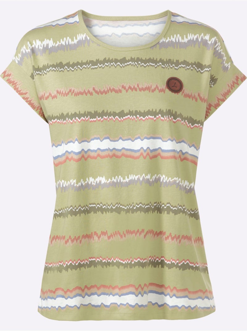 T-shirt à rayures avec col rond et mancherons décontractés - Taille standard - Witt Vert tilleul - Kiabi