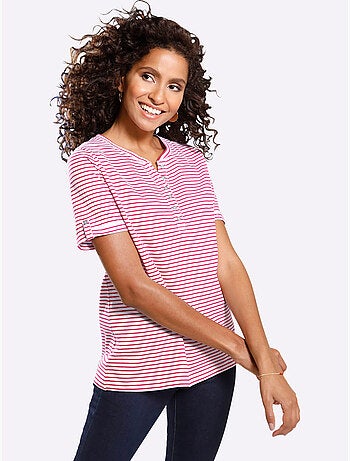 T-shirt confortable à rayures avec col rond et petit v - taille standard - moda vilona