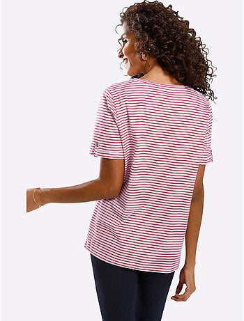 T-shirt confortable à rayures avec col rond et petit v - taille standard - moda vilona