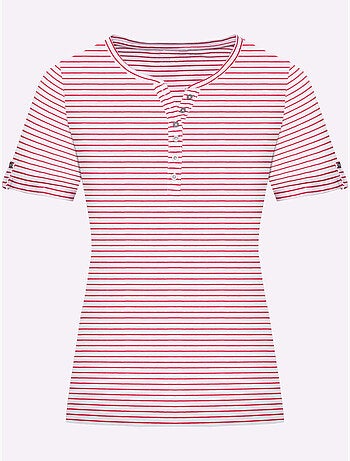 T-shirt confortable à rayures avec col rond et petit v - taille standard - moda vilona