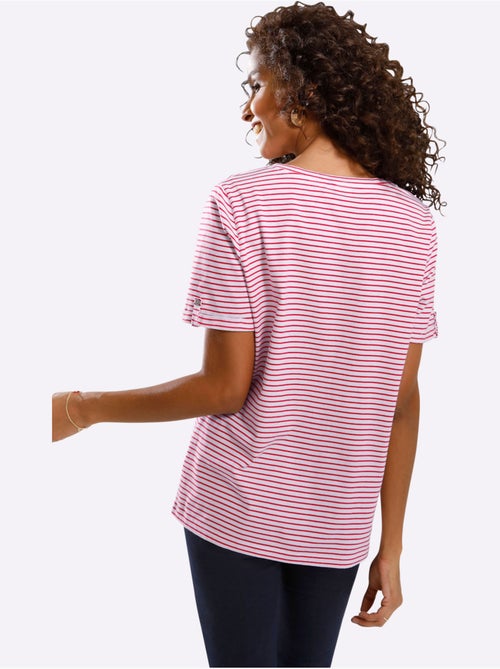 T-shirt à rayures avec encolure ronde et patte de boutonnage - Taille standard - Moda Vilona - Kiabi T-shirt à rayures avec encolure ronde et patte de boutonnage - Taille standard - Moda Vilona - Kiabi