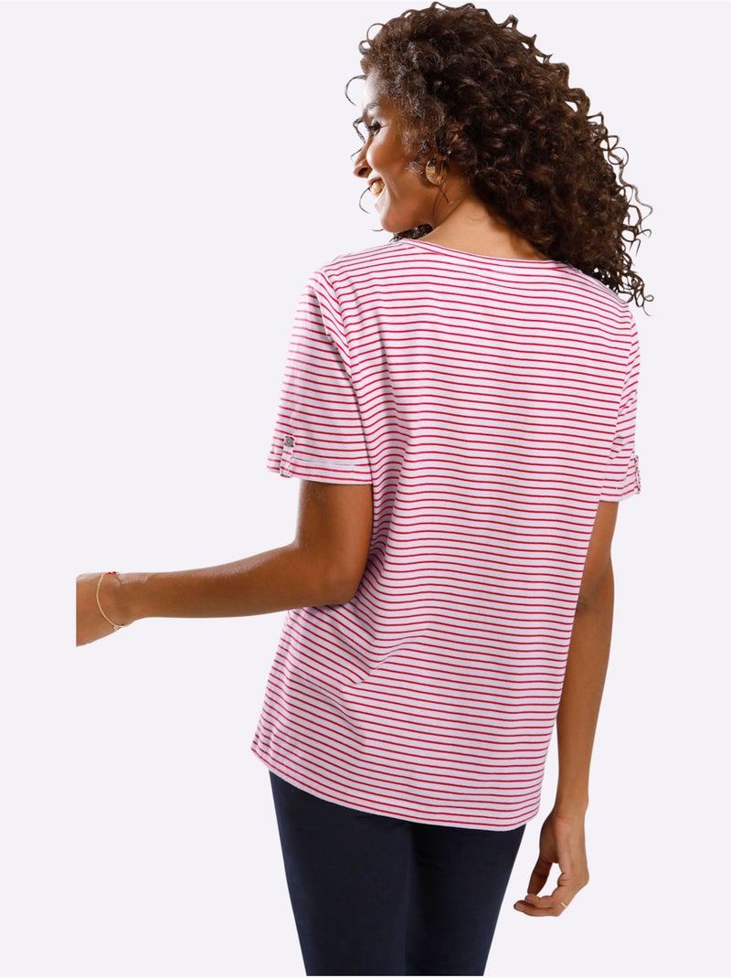 T-shirt à rayures avec encolure ronde et patte de boutonnage - Taille standard - Moda Vilona Noir Rouge - Kiabi