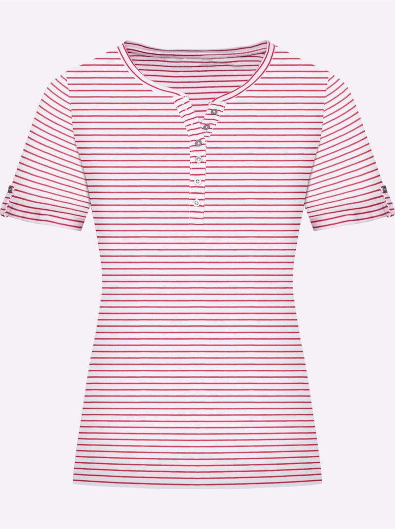 T-shirt à rayures avec encolure ronde et patte de boutonnage - Taille standard - Moda Vilona Noir Rouge - Kiabi