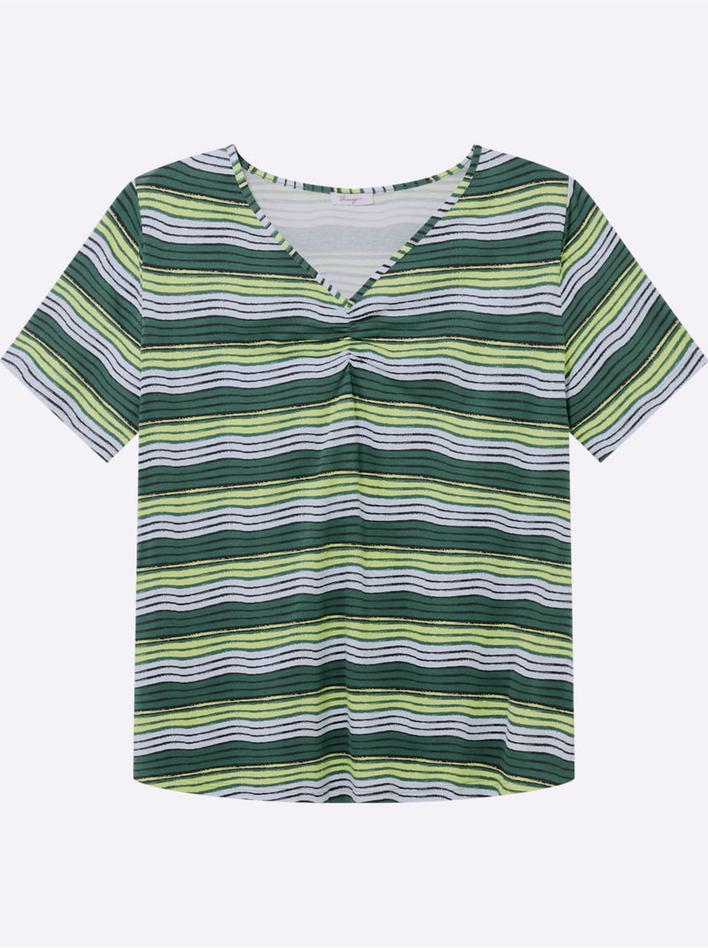 T-shirt à Rayures Encolure En V Affinante - Taille Standard - Sheego Noir Beige - Kiabi