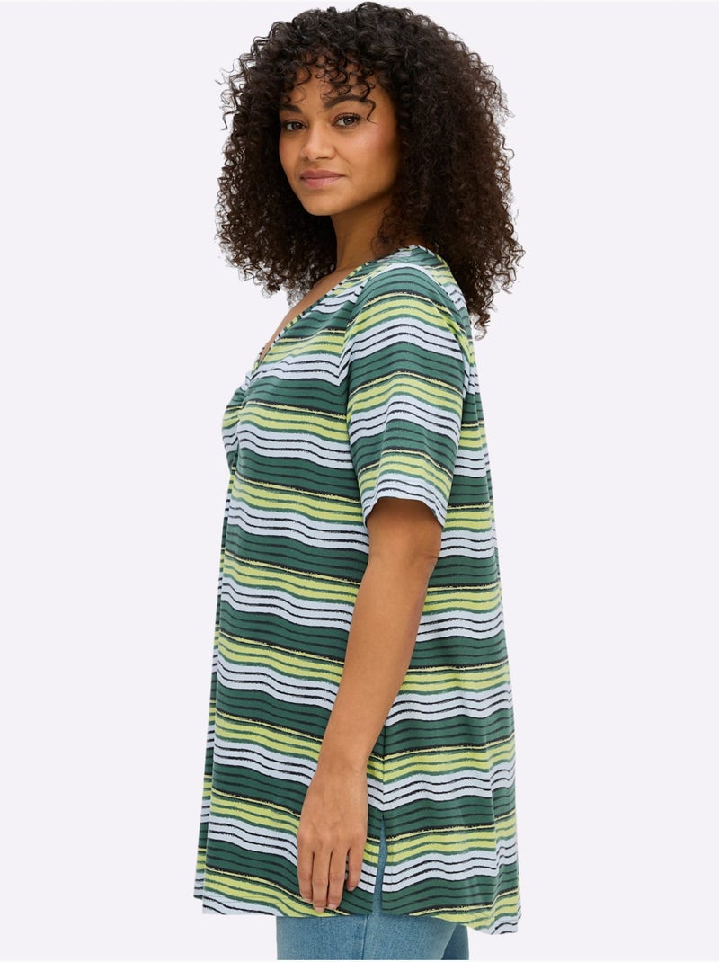 T-shirt à Rayures Encolure En V Affinante - Taille Standard - Sheego Noir Beige - Kiabi