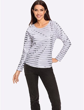T-shirt à Rayures Imprimé Feuille Brillant - Taille Standard - Helline