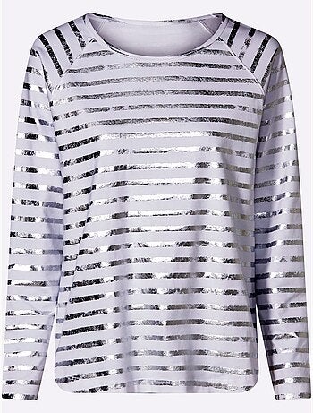 T-shirt à Rayures Imprimé Feuille Brillant - Taille Standard - Helline