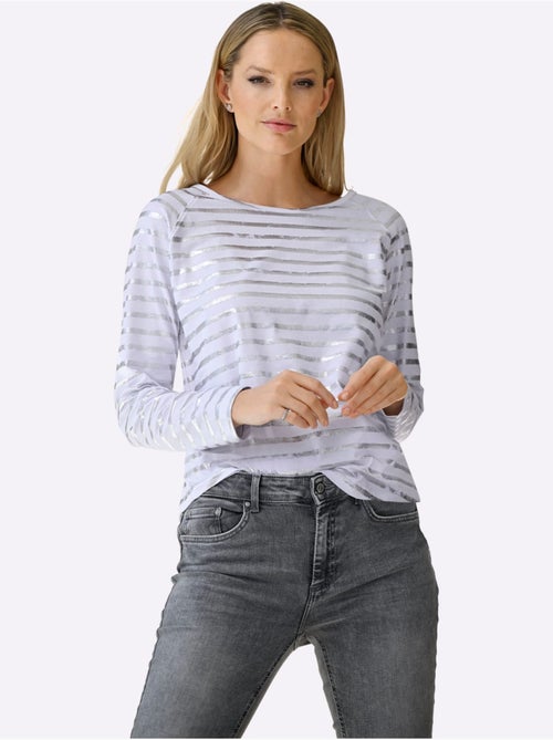 T-shirt à Rayures Imprimé Feuille Brillant - Taille Standard - helline - Kiabi