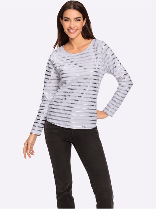 T-shirt à Rayures Imprimé Feuille Brillant - Taille Standard - helline - Kiabi