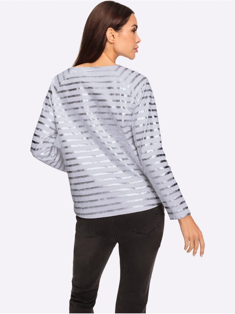 T-shirt à Rayures Imprimé Feuille Brillant - Taille Standard - Helline Blanc Argenté - Kiabi
