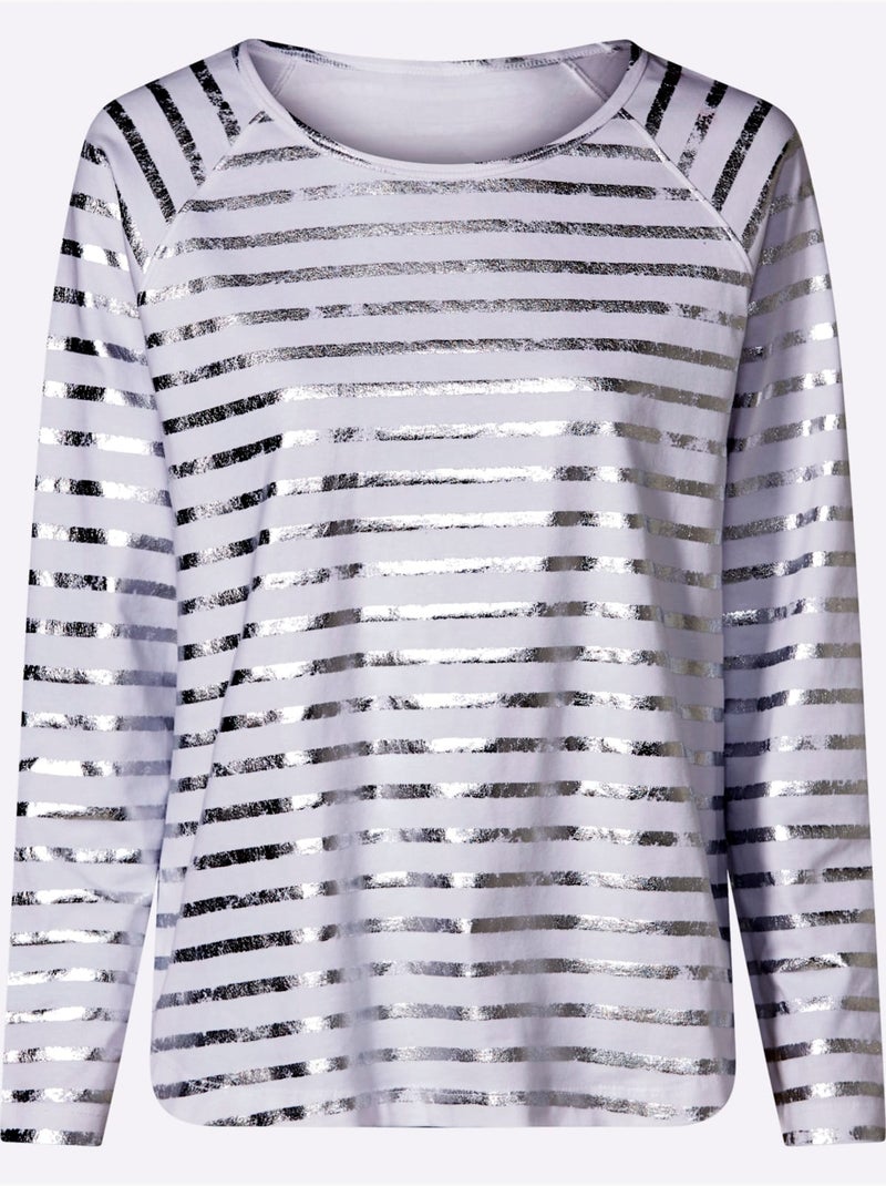T-shirt à Rayures Imprimé Feuille Brillant - Taille Standard - Helline Blanc Argenté - Kiabi