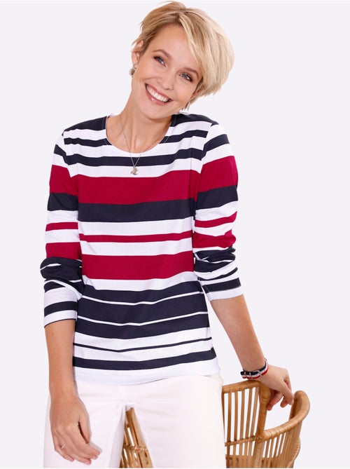 T-shirt à rayures marines avec encolure ronde et manches longues - taille standard - moda vilona - Kiabi