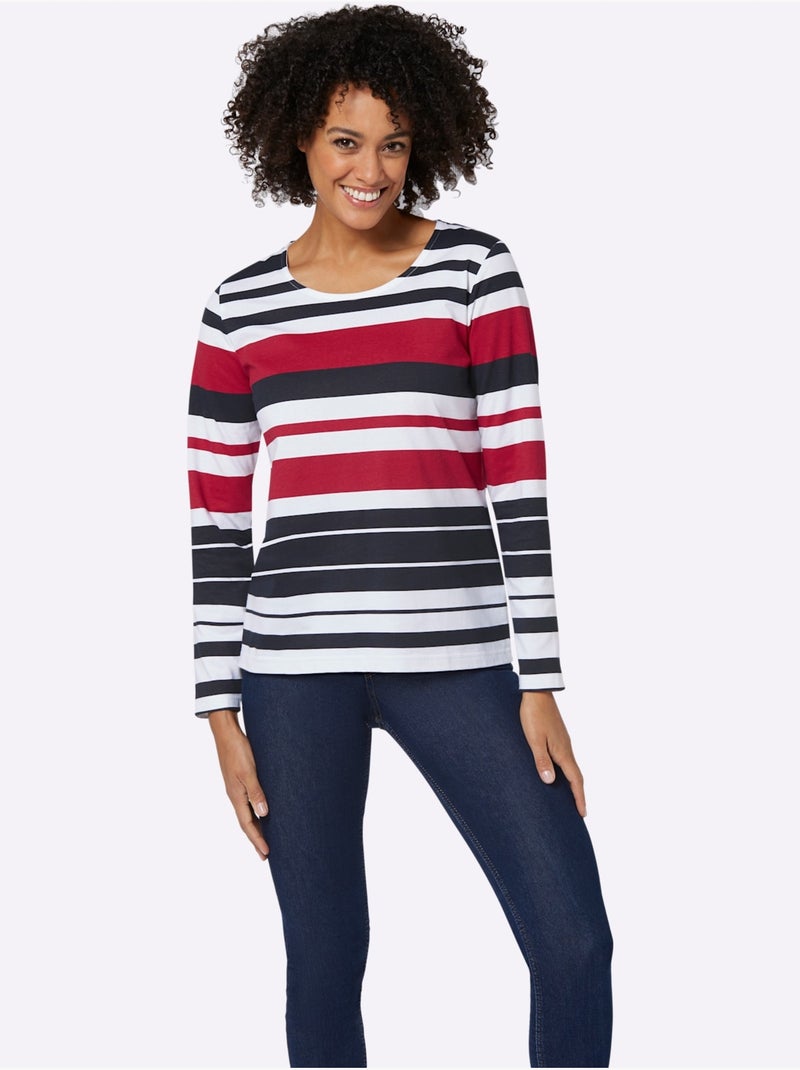 T-shirt à rayures marines avec encolure ronde et manches longues - taille standard - moda vilona Bleu Rouge - Kiabi