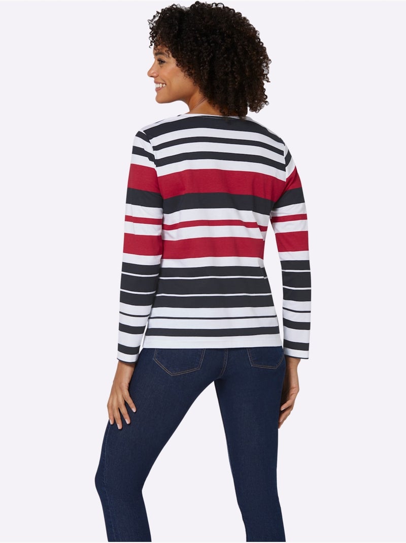 T-shirt à rayures marines avec encolure ronde et manches longues - taille standard - moda vilona Bleu Rouge - Kiabi
