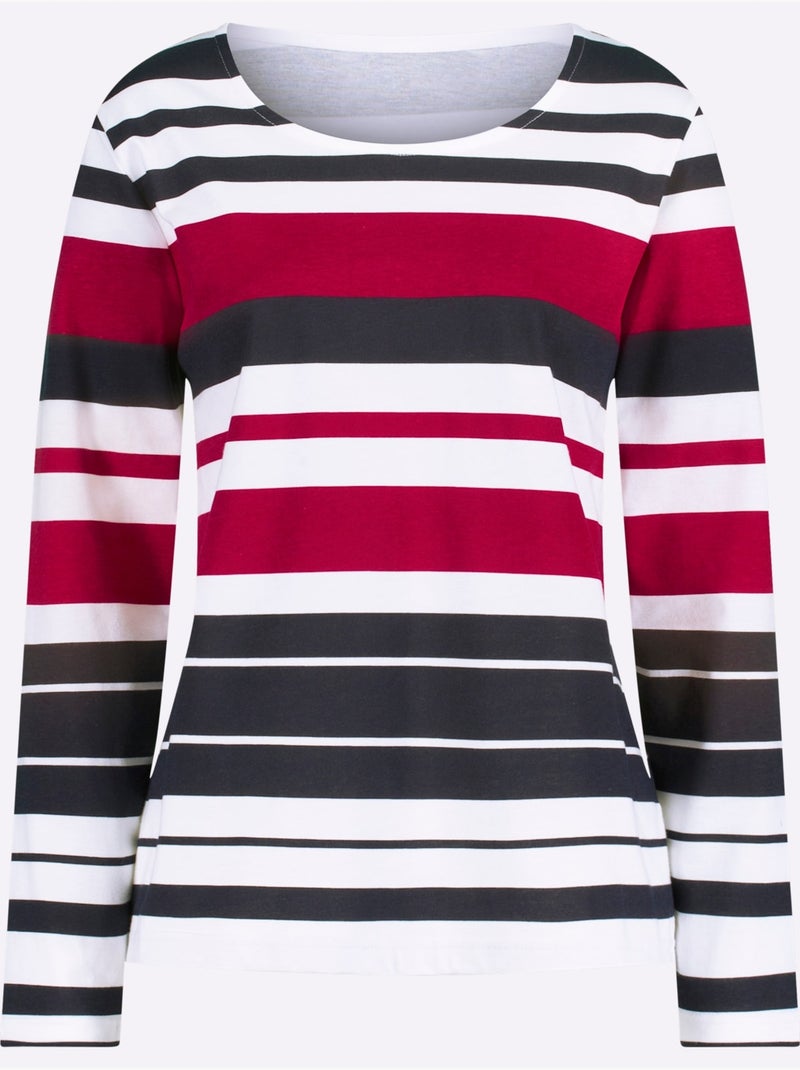 T-shirt à rayures marines avec encolure ronde et manches longues - taille standard - moda vilona Bleu Rouge - Kiabi