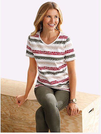T-shirt à rayures multicolores col V avec manches courtes - Taille standard - Moda Vilona