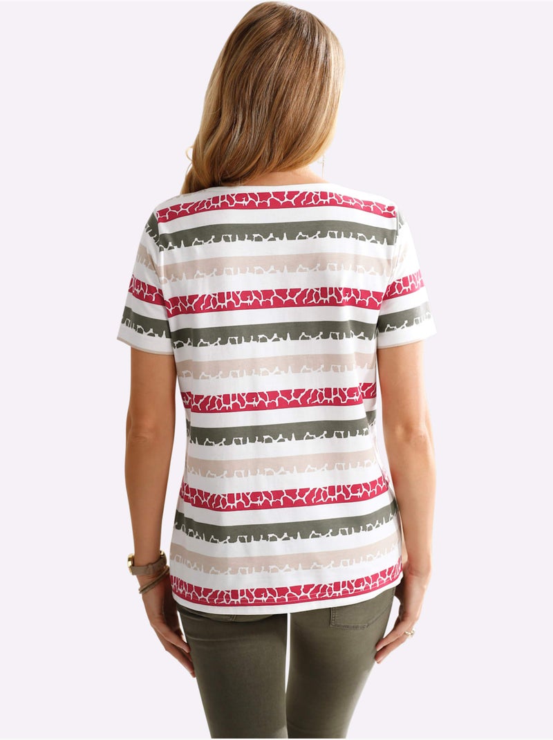 T-shirt à rayures multicolores col V avec manches courtes - Taille standard - Moda Vilona Vert/Rouge - Kiabi