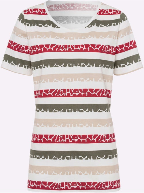T-shirt à rayures multicolores col V avec manches courtes - Taille standard - Moda Vilona - Kiabi T-shirt à rayures multicolores col V avec manches courtes - Taille standard - Moda Vilona - Kiabi