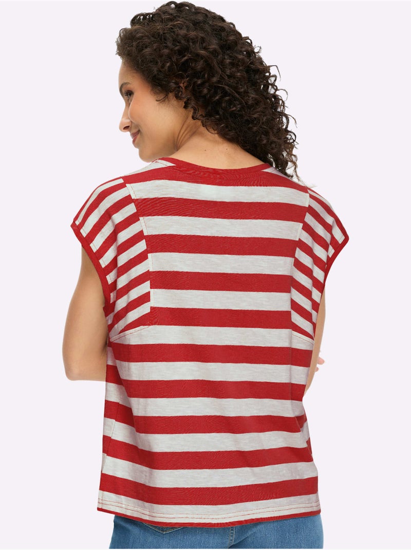 T-shirt à Rayures Pur Coton - Taille Standard - Helline Blanc/Rouge - Kiabi