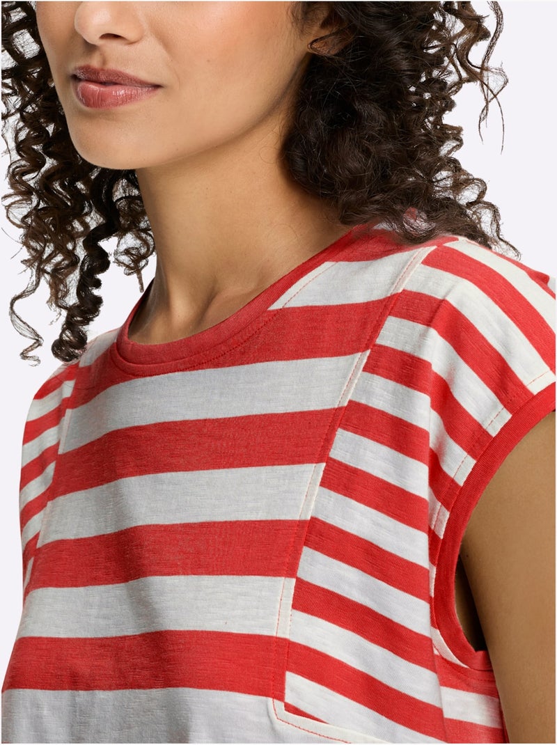 T-shirt à Rayures Pur Coton - Taille Standard - Helline Blanc/Rouge - Kiabi