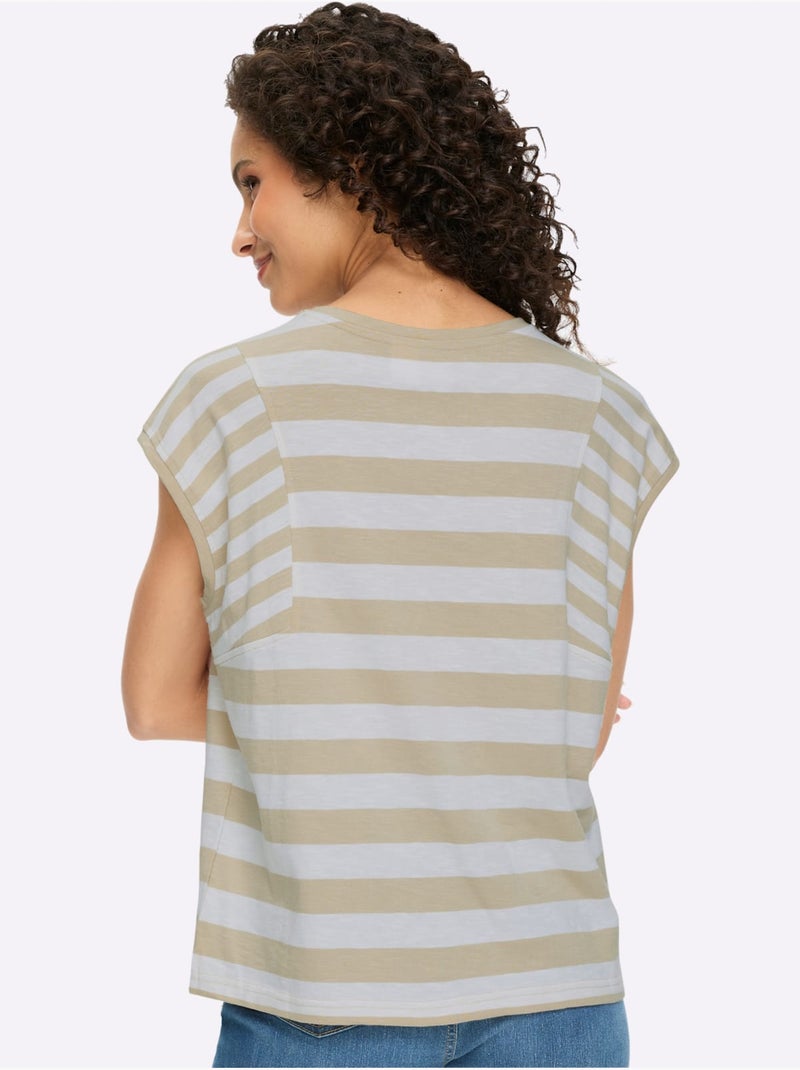 T-shirt à Rayures Pur Coton - Taille Standard - Helline Blanc/Sable - Kiabi